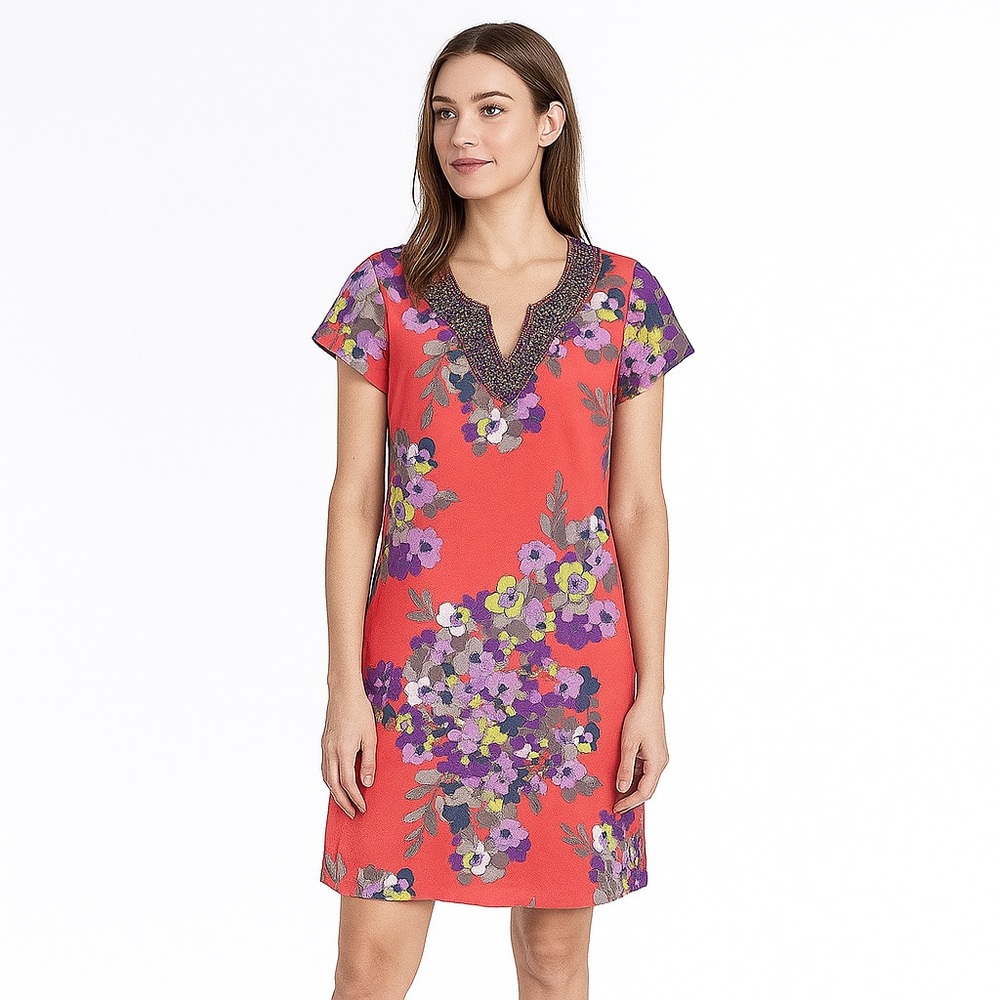 BODEN Size 4 Dress Shift SILK Blend Embellished Beaded Notched Neck Floral WA351